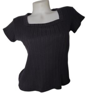 Vintage 90's Black Ribbed Square Neck T Shirt Womens Size Large